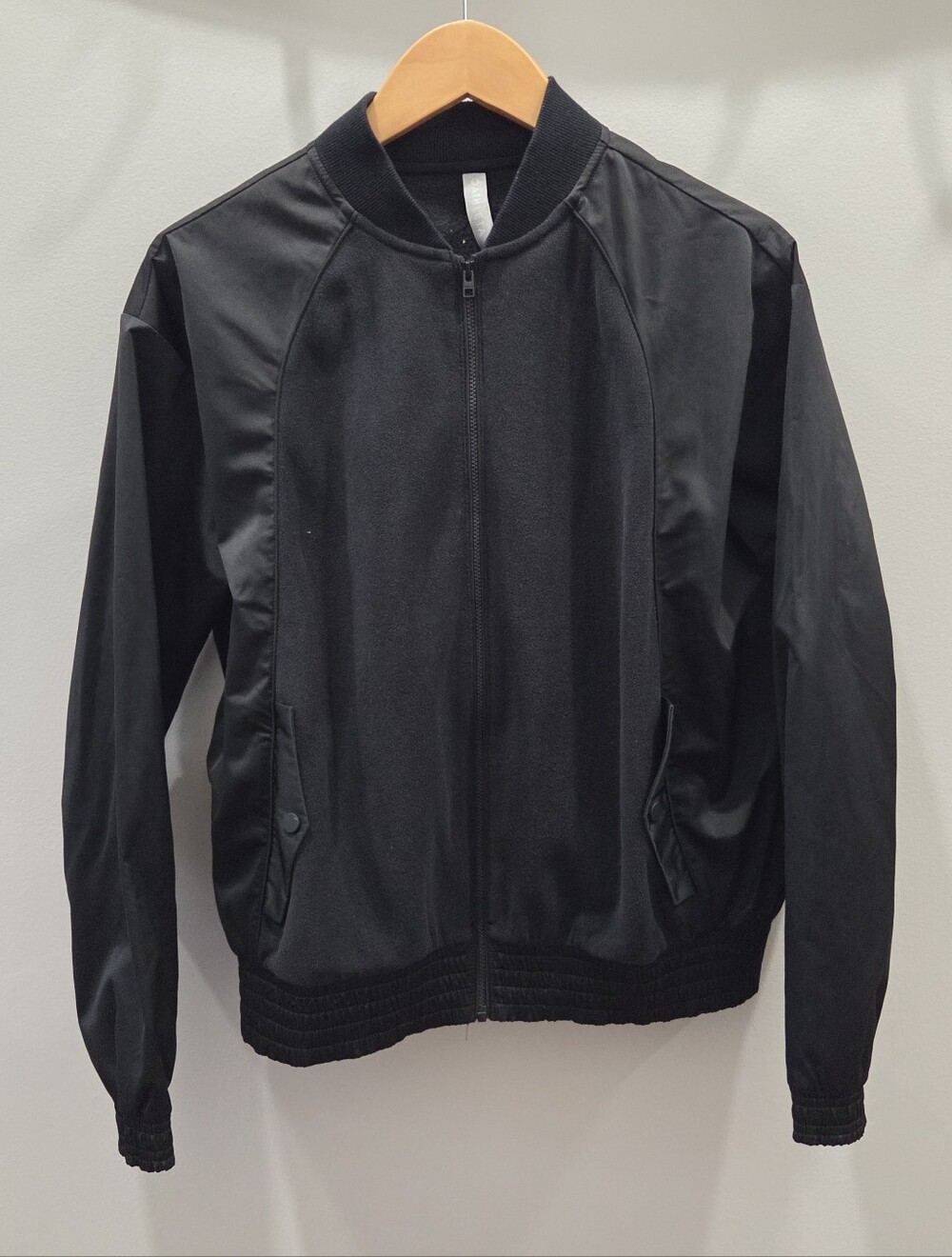 Athleta Black Fleece And Satin Bomber Jacket - Classic Zip Front, Medium